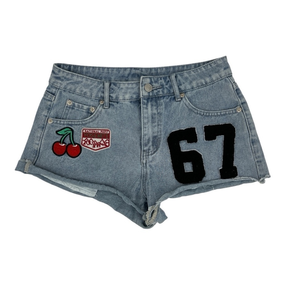 Denim Micro shorts featuring cherry national park patches number #67 embroidered